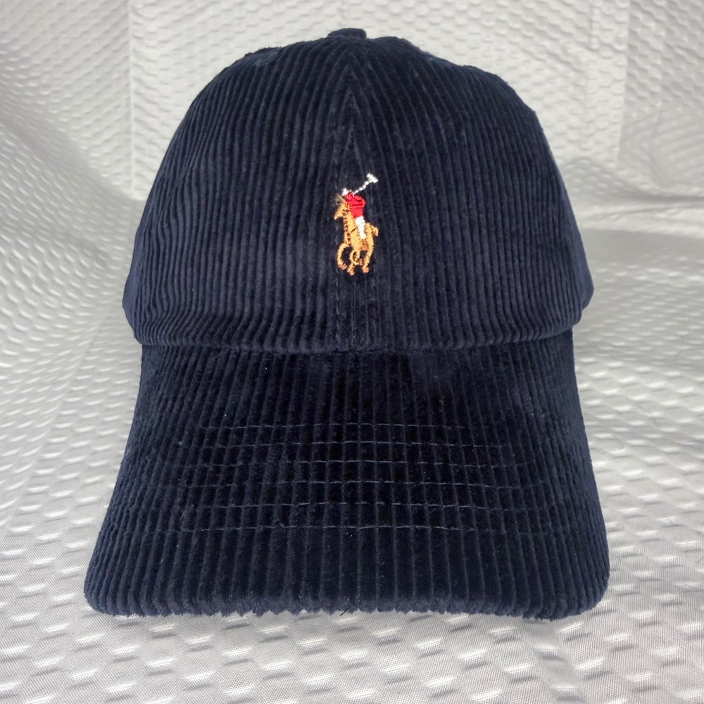 AUTHENTIC POLO RALPH LAUREN CORDUROY CAP NAVY BLUE UNISEX ONE SIZE M/L VINTAGE - Picture 2 of 5